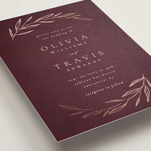 This is a merlot foil stamped wedding invitations with foil pressed by Kelly Schmidt called leaves printing on signature in standard