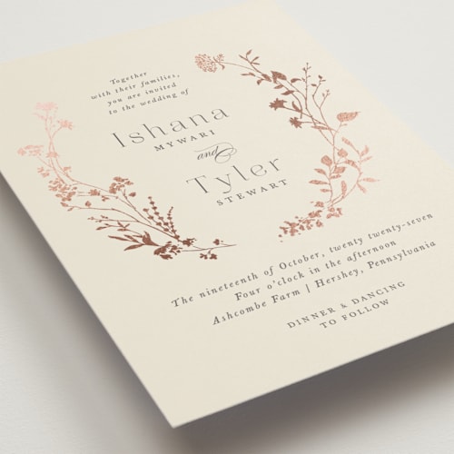 This is a creme brulee foil stamped wedding invitations with foil pressed by Jennifer Wick called queen anne's lace printing on signature in standard