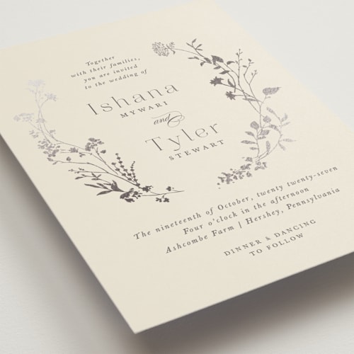 This is a creme brulee foil stamped wedding invitations with foil pressed by Jennifer Wick called queen anne's lace printing on signature in standard
