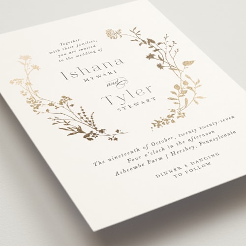 This is a lily foil stamped wedding invitations with foil pressed by Jennifer Wick called queen anne's lace printing on signature in standard