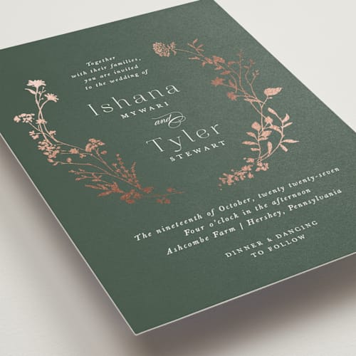 This is a garden foil stamped wedding invitations with foil pressed by Jennifer Wick called queen anne's lace printing on signature in standard