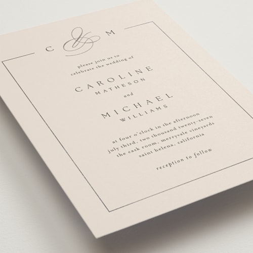 This is a linen foil stamped wedding invitations with foil pressed by Kelly Schmidt called framed monogram printing on signature in standard