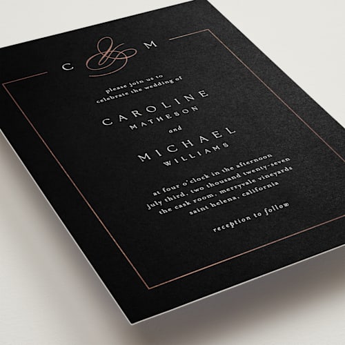 This is a onyx foil stamped wedding invitations with foil pressed by Kelly Schmidt called framed monogram printing on signature in standard