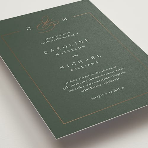 This is a moss foil stamped wedding invitations with foil pressed by Kelly Schmidt called framed monogram printing on signature in standard