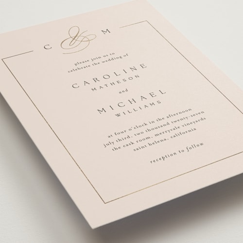 This is a blush foil stamped wedding invitations with foil pressed by Kelly Schmidt called framed monogram printing on signature in standard