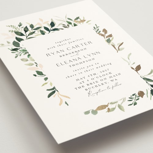This is a greenery foil stamped wedding invitations with foil pressed by Itsy Belle Studio called garden serenity printing on signature in standard