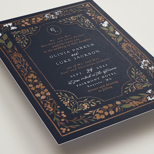 This is a navy foil stamped wedding invitations with foil pressed by Alethea and Ruth called illuminated storybook printing on signature in standard