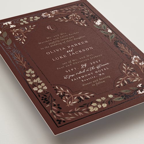 This is a almond foil stamped wedding invitations with foil pressed by Alethea and Ruth called illuminated storybook printing on signature in standard
