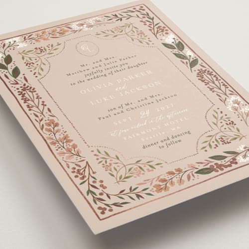 This is a burnt rose foil stamped wedding invitations with foil pressed by Alethea and Ruth called illuminated storybook printing on signature in standard