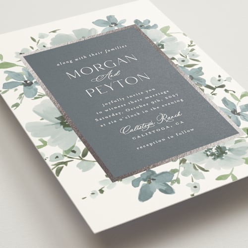 This is a aquamarine foil stamped wedding invitations with foil pressed by Everett Paper Goods called jardin printing on signature in standard