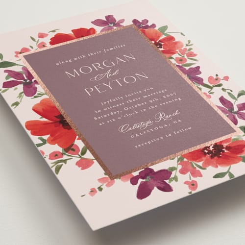This is a wine foil stamped wedding invitations with foil pressed by Everett Paper Goods called jardin printing on signature in standard
