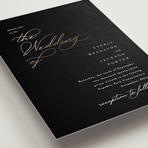 This is a obsidian foil stamped wedding invitations with foil pressed by Kaydi Bishop called eternal printing on signature in standard