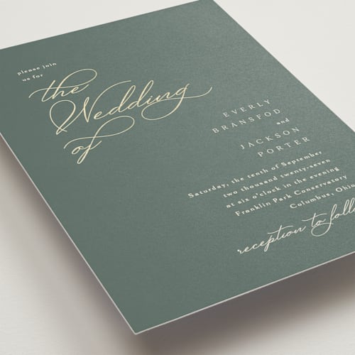 This is a moss foil stamped wedding invitations with foil pressed by Kaydi Bishop called eternal printing on signature in standard