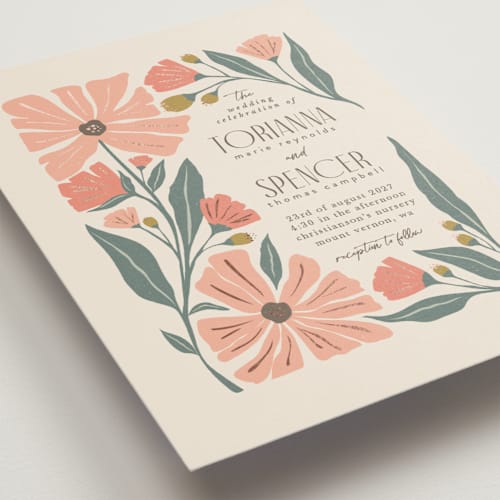This is a rose foil stamped wedding invitations with foil pressed by Karidy Walker called storybook garden printing on signature in standard