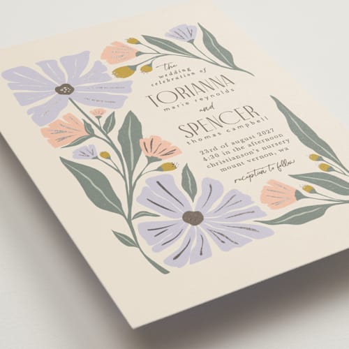 This is a periwinkle foil stamped wedding invitations with foil pressed by Karidy Walker called storybook garden printing on signature in standard