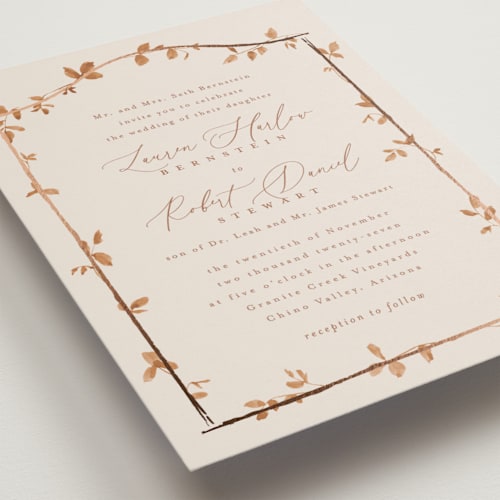 This is a cinnamon foil stamped wedding invitations with foil pressed by Everett Paper Goods called canopy printing on signature in standard