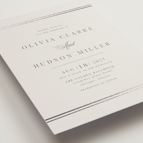 This is a moondust foil stamped wedding invitations with foil pressed by Nicole Walsh called classic elegance printing on signature in standard