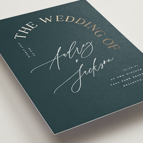 This is a midnight green foil stamped wedding invitations with foil pressed by Vera Lim called the arc printing on signature in standard