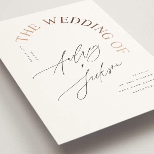 This is a marshmallow foil stamped wedding invitations with foil pressed by Vera Lim called the arc printing on signature in standard