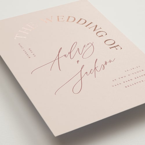 This is a blush foil stamped wedding invitations with foil pressed by Vera Lim called the arc printing on signature in standard