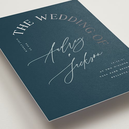 This is a navy foil stamped wedding invitations with foil pressed by Vera Lim called the arc printing on signature in standard