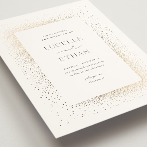 This is a sparkle foil stamped wedding invitations with foil pressed by Pixel and Hank called flicker printing on signature in standard