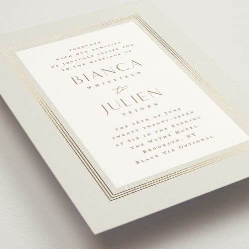 This is a leaf foil stamped wedding invitations with foil pressed by Kristie Kern called soleil printing on signature in standard