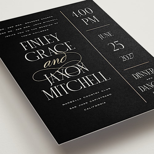 This is a tuxedo foil stamped wedding invitations with foil pressed by Leah Bisch called unite printing on signature in standard