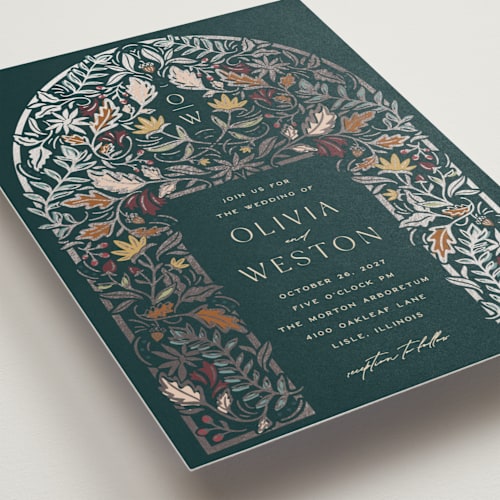 This is a deep sea foil stamped wedding invitations with foil pressed by Erin German called autumnal arch printing on signature in standard