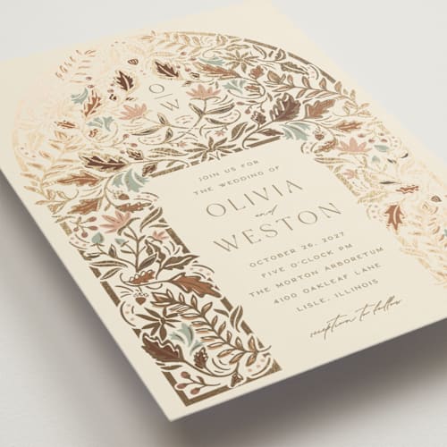 This is a branch foil stamped wedding invitations with foil pressed by Erin German called autumnal arch printing on signature in standard