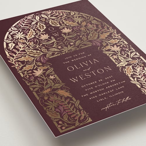 This is a berry foil stamped wedding invitations with foil pressed by Erin German called autumnal arch printing on signature in standard