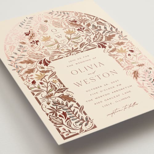 This is a chestnut foil stamped wedding invitations with foil pressed by Erin German called autumnal arch printing on signature in standard