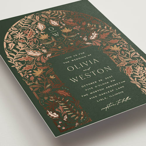 This is a leaf foil stamped wedding invitations with foil pressed by Erin German called autumnal arch printing on signature in standard
