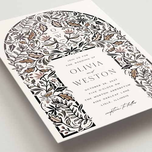 This is a charcoal foil stamped wedding invitations with foil pressed by Erin German called autumnal arch printing on signature in standard