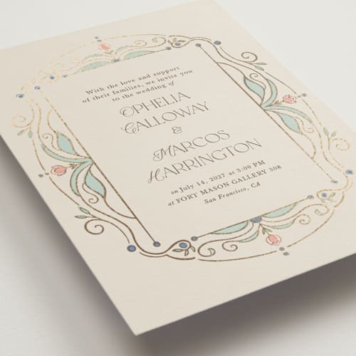 This is a ivory foil stamped wedding invitations with foil pressed by Maria Hilas-Louie called ornate elegance printing on signature in standard