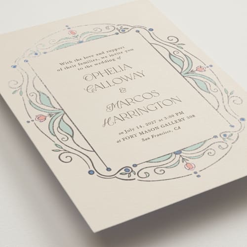 This is a ivory foil stamped wedding invitations with foil pressed by Maria Hilas-Louie called ornate elegance printing on signature in standard