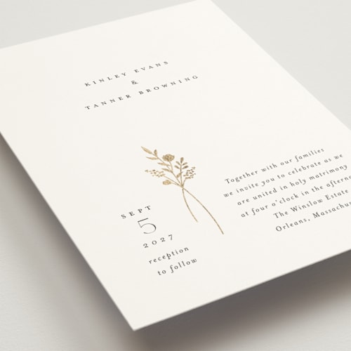 This is a cotton foil stamped wedding invitations with foil pressed by Jennifer Postorino called wildflower printing on signature in standard
