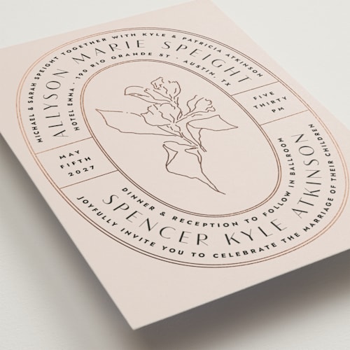 This is a blush foil stamped wedding invitations with foil pressed by Kindred Fields called deco band printing on signature in standard
