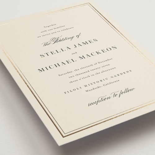 This is a ecru foil stamped wedding invitations with foil pressed by Jennifer Postorino called polished printing on signature in standard