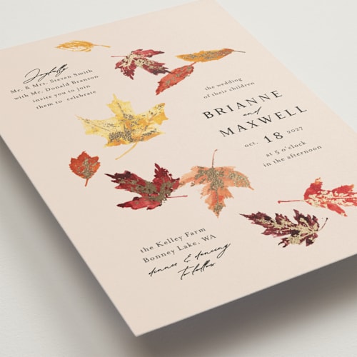 This is a autumn foil stamped wedding invitations with foil pressed by Itsy Belle Studio called autumn leafs printing on signature in standard