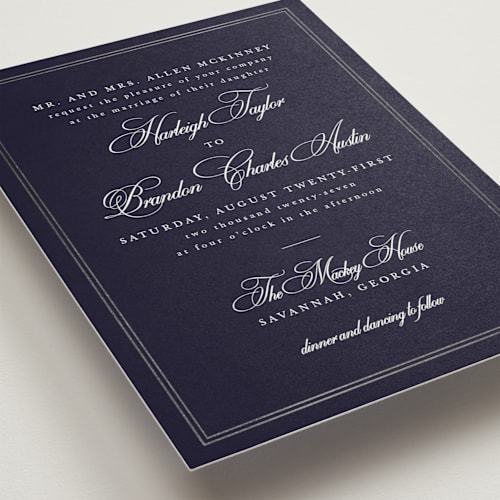 This is a navy foil stamped wedding invitations with foil pressed by Sarah Brown called traditionalist printing on signature in standard
