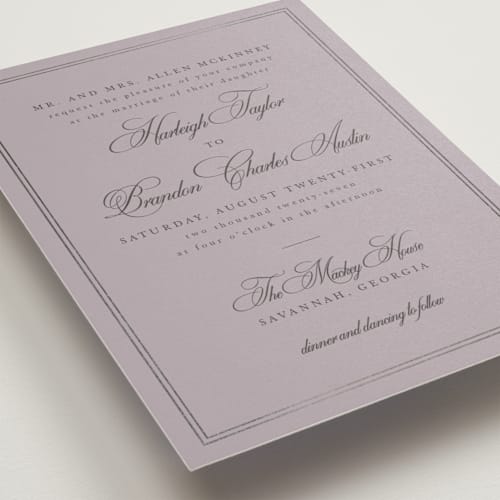 This is a lilac foil stamped wedding invitations with foil pressed by Sarah Brown called traditionalist printing on signature in standard