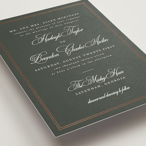 This is a hunter foil stamped wedding invitations with foil pressed by Sarah Brown called traditionalist printing on signature in standard