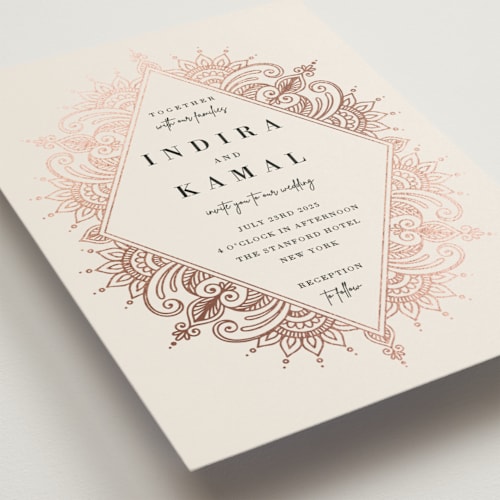 This is a champagne rose foil stamped wedding invitations with foil pressed by Oma N. Ramkhelawan called regal mehndi printing on signature in standard