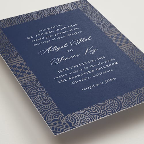 This is a sapphire foil stamped wedding invitations with foil pressed by Mansi Verma called gilded henna printing on signature in standard