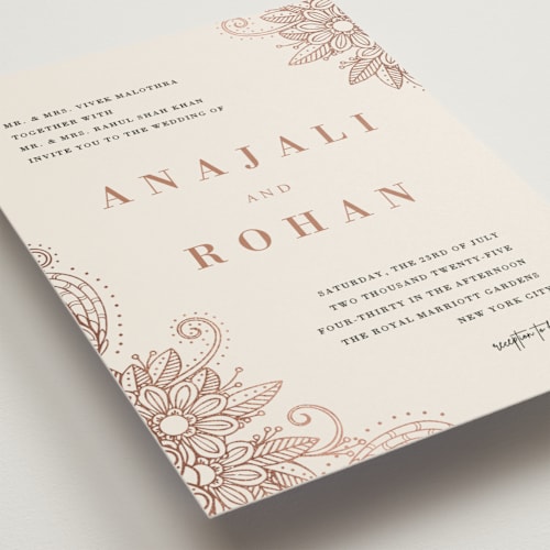 This is a peony foil stamped wedding invitations with foil pressed by Oma N. Ramkhelawan called mandala corners printing on signature in standard