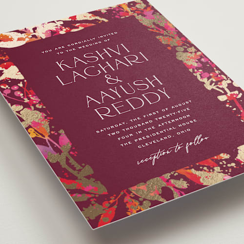 This is a sangria foil stamped wedding invitations with foil pressed by Jessica Corliss called bright abstract printing on signature in standard