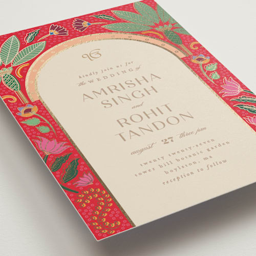 This is a sindoor foil stamped wedding invitations with foil pressed by Creo Study called indian garden printing on signature in standard