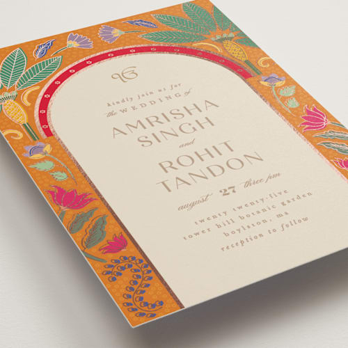 This is a narangi foil stamped wedding invitations with foil pressed by Creo Study called indian garden printing on signature in standard