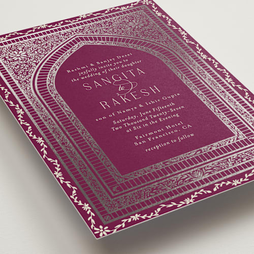 This is a garnet foil stamped wedding invitations with foil pressed by Chris Griffith called amber palace printing on signature in standard